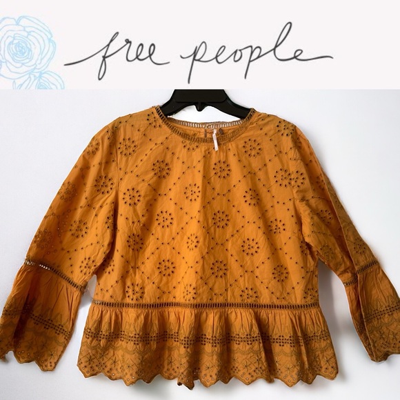 FREE PEOPLE RUFFLE EYELET TOP. MERCI BEAUCOUP BELL SLEEVE BLOUSE. EXCELLENT COND - Picture 3 of 16